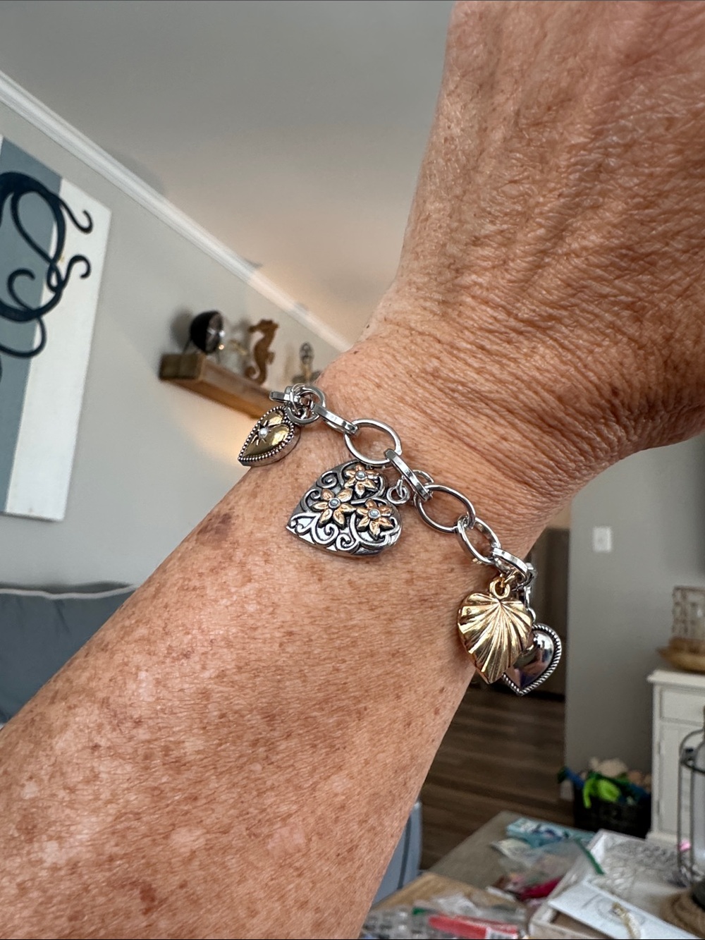 Two-Tone Heart Charm Bracelet - Silver & Gold Accents